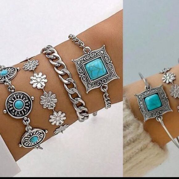 Silver Turquoise Festival Bracelet Set of 4 - Picture 3 of 4